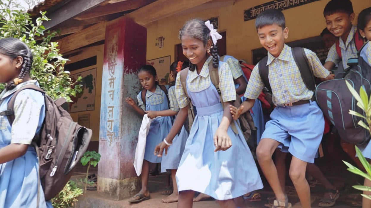 Children in school uniforms standing outside a building with educational posters.
